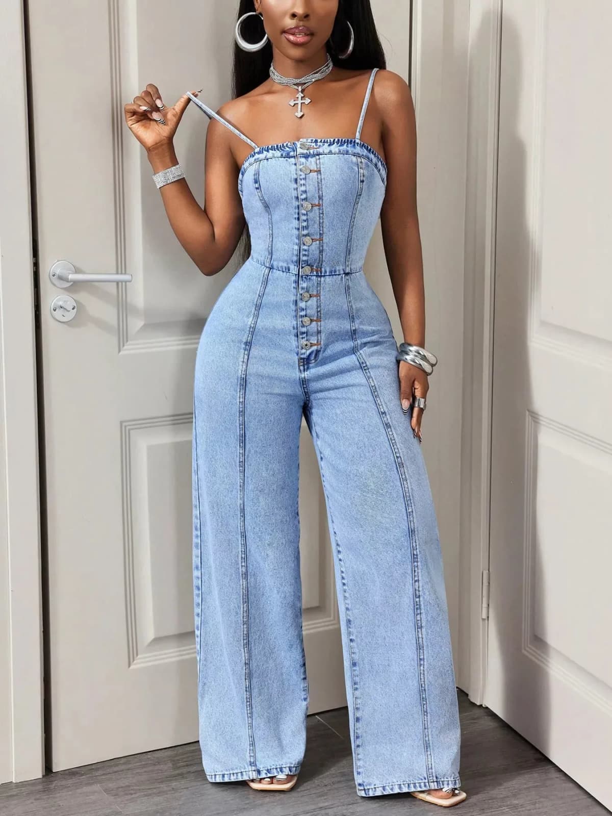 Button-Down Wide Leg Denim Jumpsuit