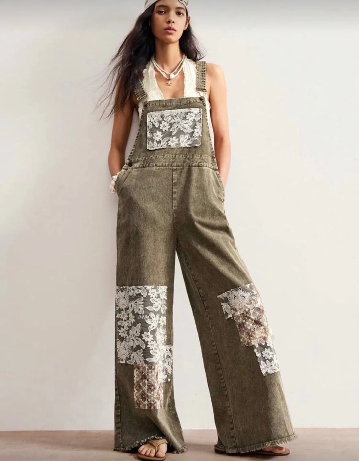 Olive Denim Jumpsuit Floral Pocket