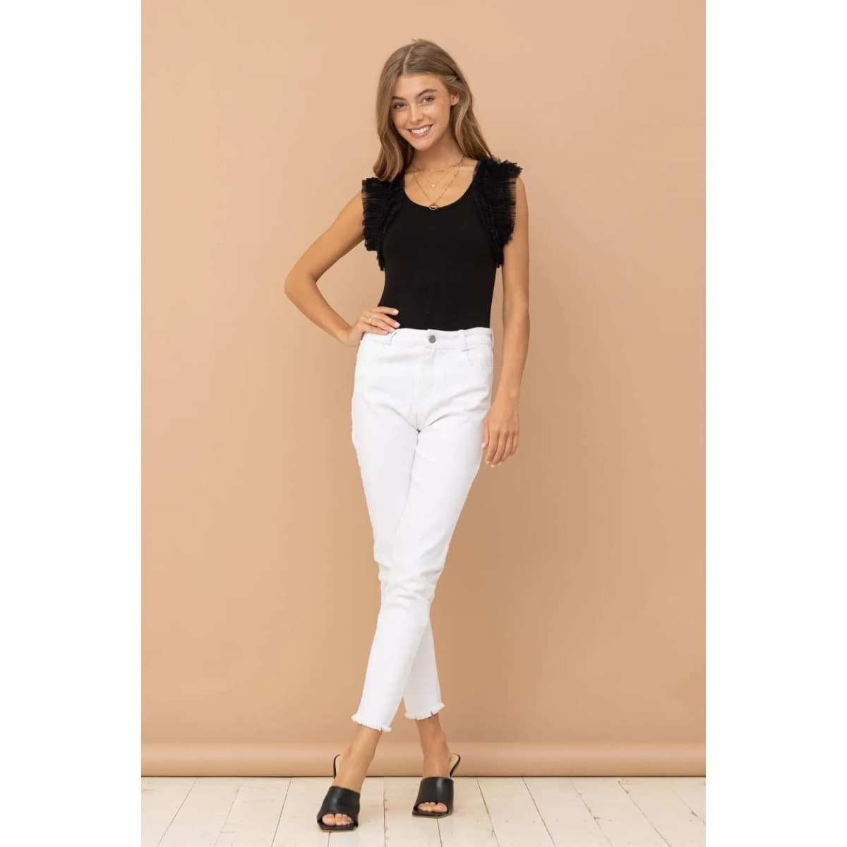 Tulle Ruffle Black Sleeve Bodysuit Apolline (White)