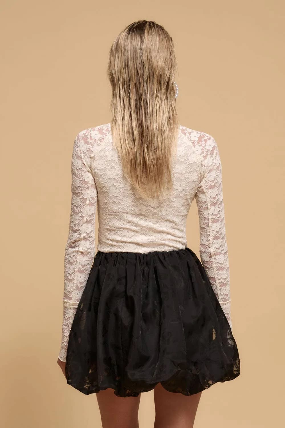 Studded Floral Lace High-Mock Neck Knit Top Cream