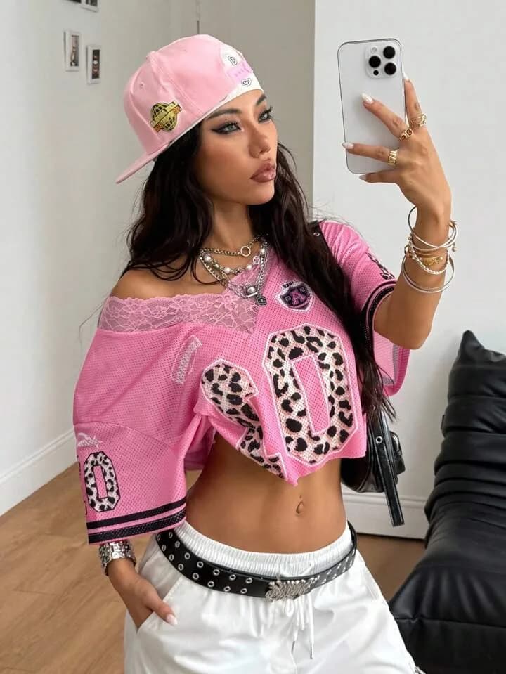 01 Leopard Pink Lace Mesh Trim Crop Top Jersey