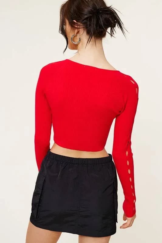 Red Long Sleeve Knit Top With Asymmetrical Cut Out Top