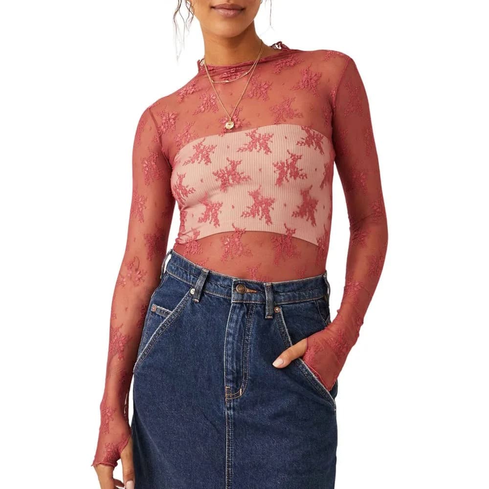 Sheer Lace Top Shirt Rosa Clothing (Red Brown)