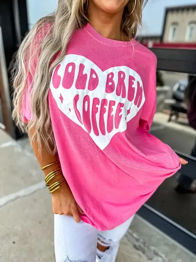 Pink Heart Cold Brew Coffee Puff Graphic Tee (Ship Jan 16th)