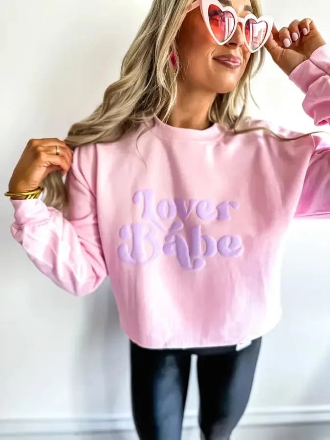 Lover Babe Puffer Print Light Pink Cropped Graphic Crewneck