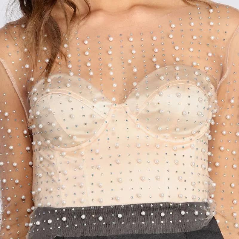 Pearl Rhinestone Studded Sheer Mesh See Through Top