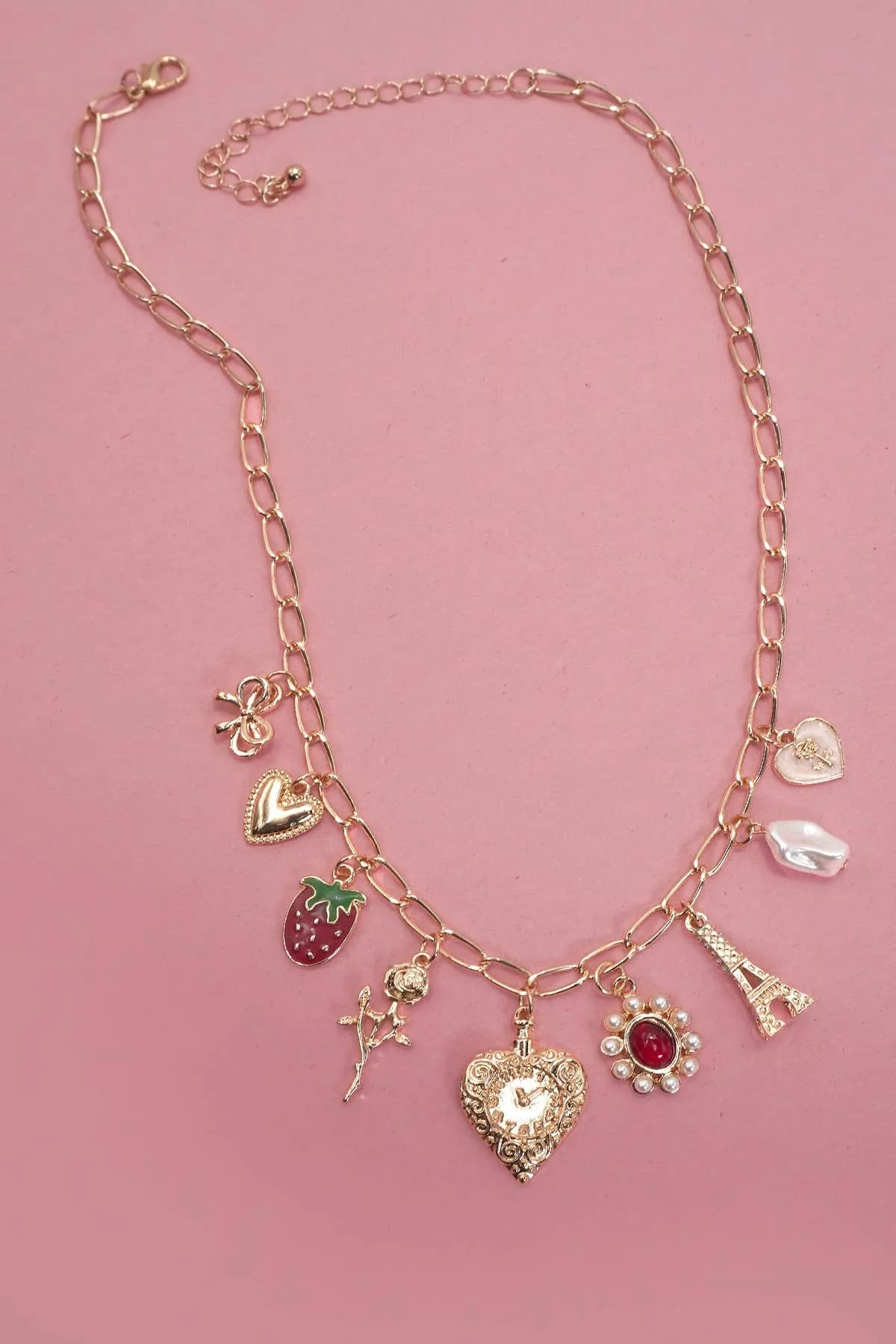 Charm Necklace Heart Bow Rose Strawberry Eiffel Tower