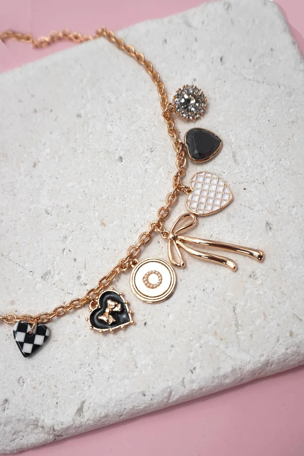 Charm Necklace Bow Checker Heart Rhinestone