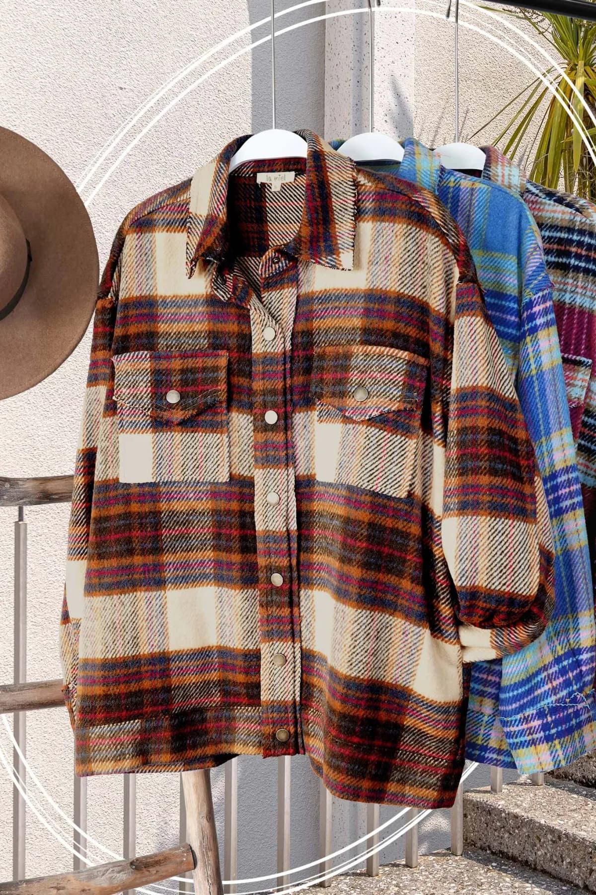 Loose Fit Plaid Button Down Shacket with Pockets