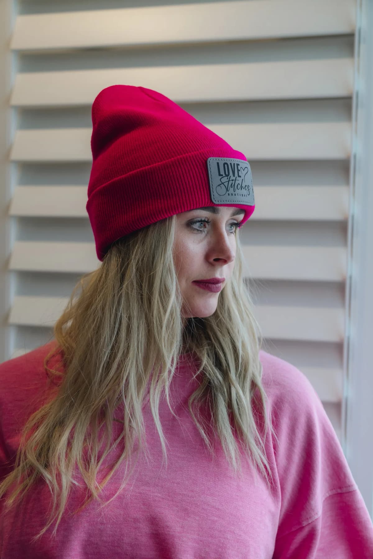 Boutique Beanie Winter Hats Love Stitches Logo Lasting Impressions CT (Bright Pink)