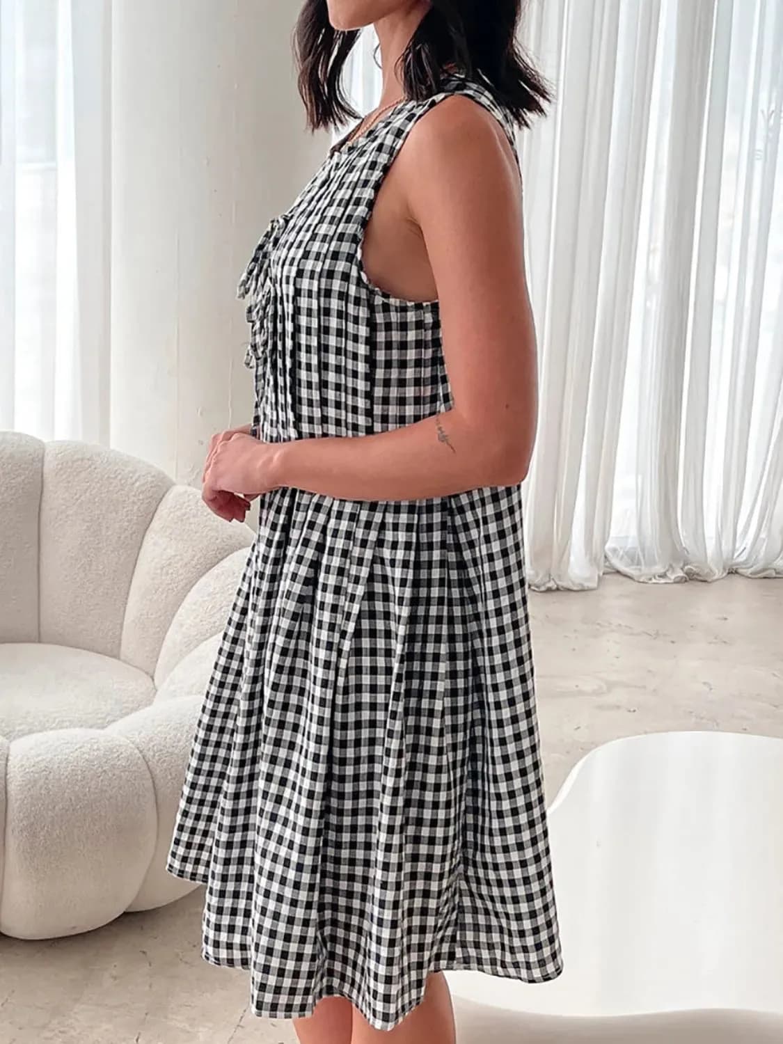 Tied Front Sleeveless Plaid Dress