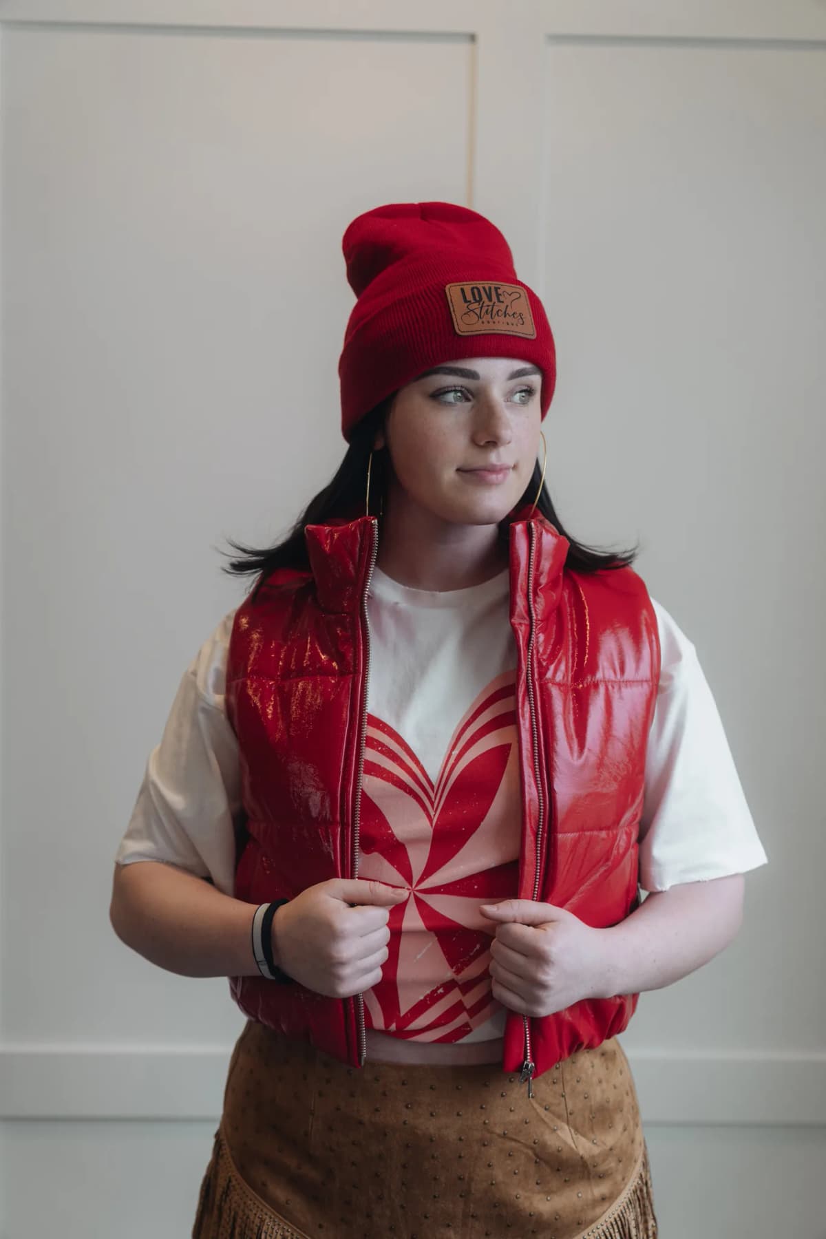 Faux Leather Puffer Vest Style Up (Red)