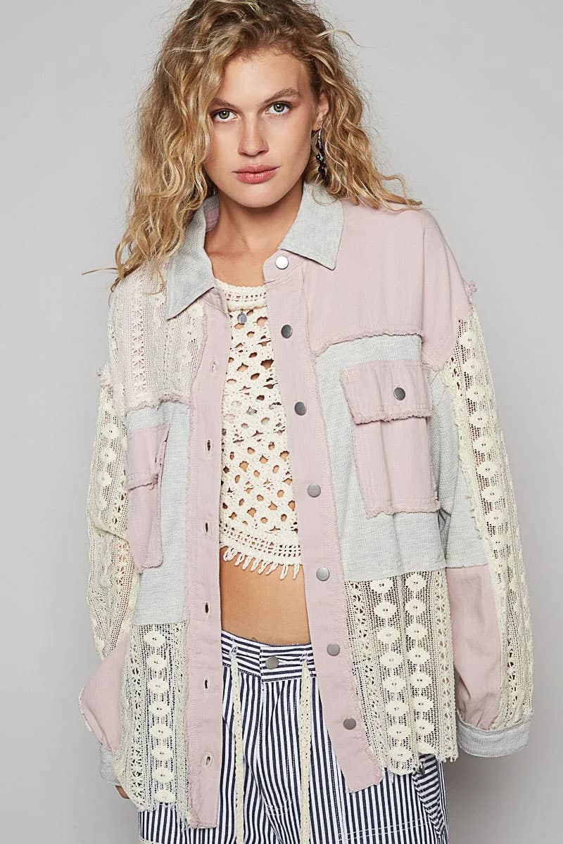 Oversized Contrast Lace Crocheted Button Down Shirt by POL