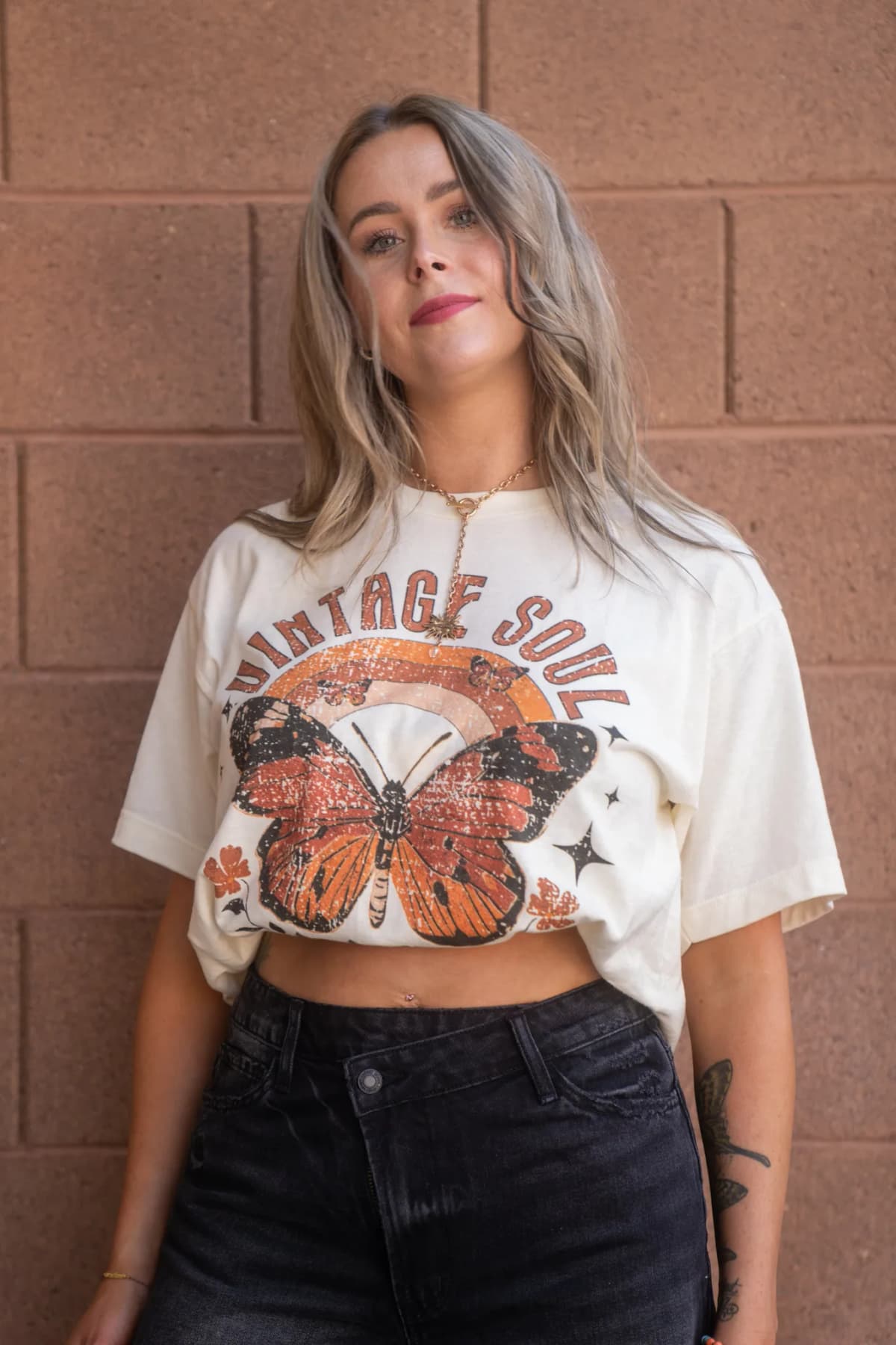 Vintage Soul Butterfly Retro Rainbow Distressed Oversize Tee Select Apparel