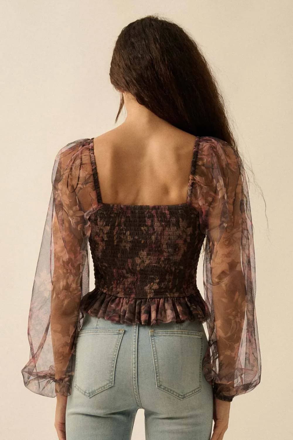 Layered Floral-Print Tulle Smocked Peasant Top by Promesa