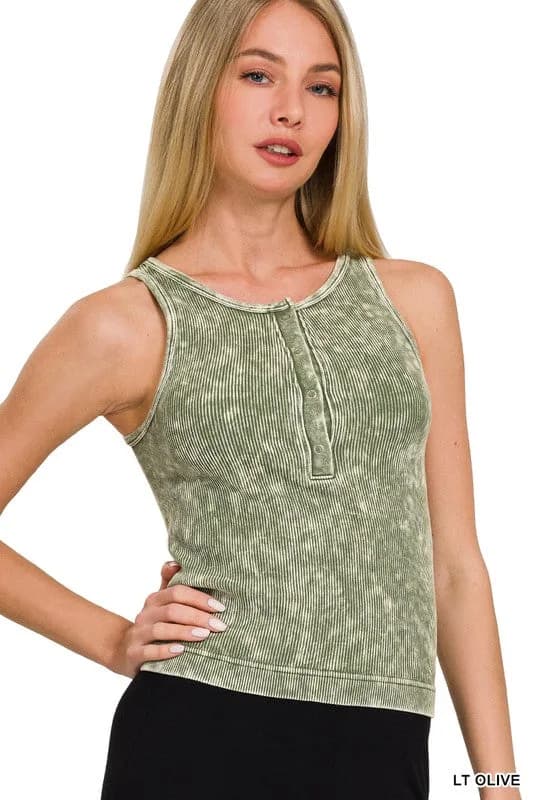Washed Ribbed Seamless Button Up Tank Top