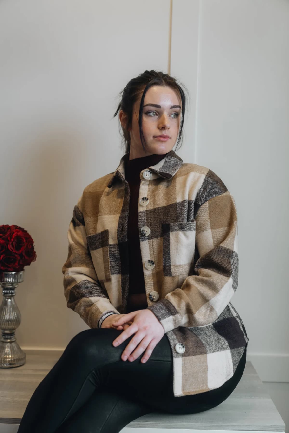 Plaid Color Block Buttoned Long Sleeve Shacket with Pocket