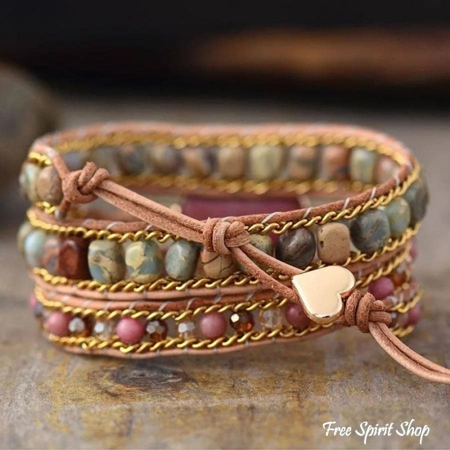 Rhodonite Jasper Heart Wrap Bracelet, Boho Beaded Strap