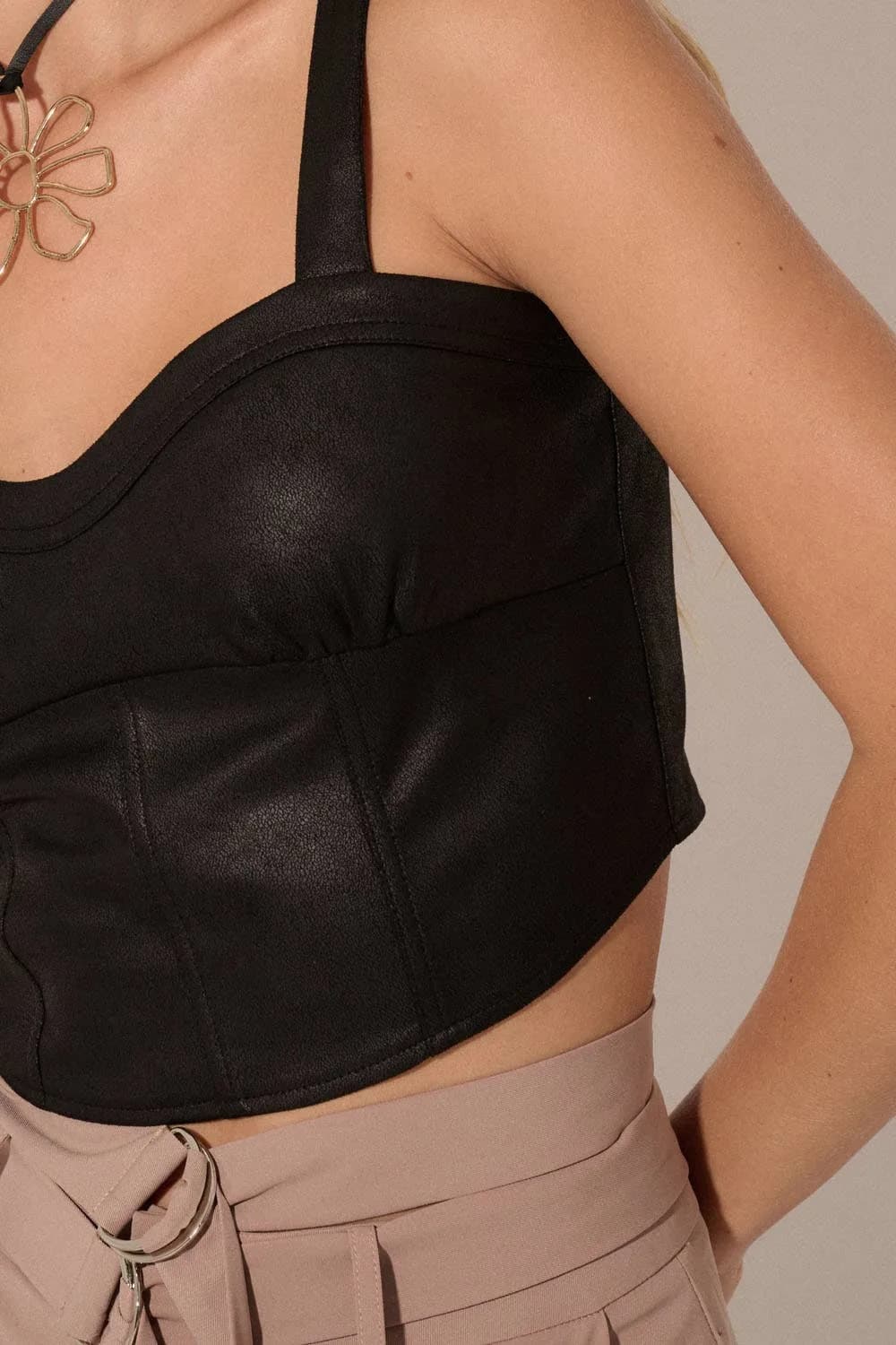 Faux Leather Sweetheart Neck Zipper Back Crop Top Promesa