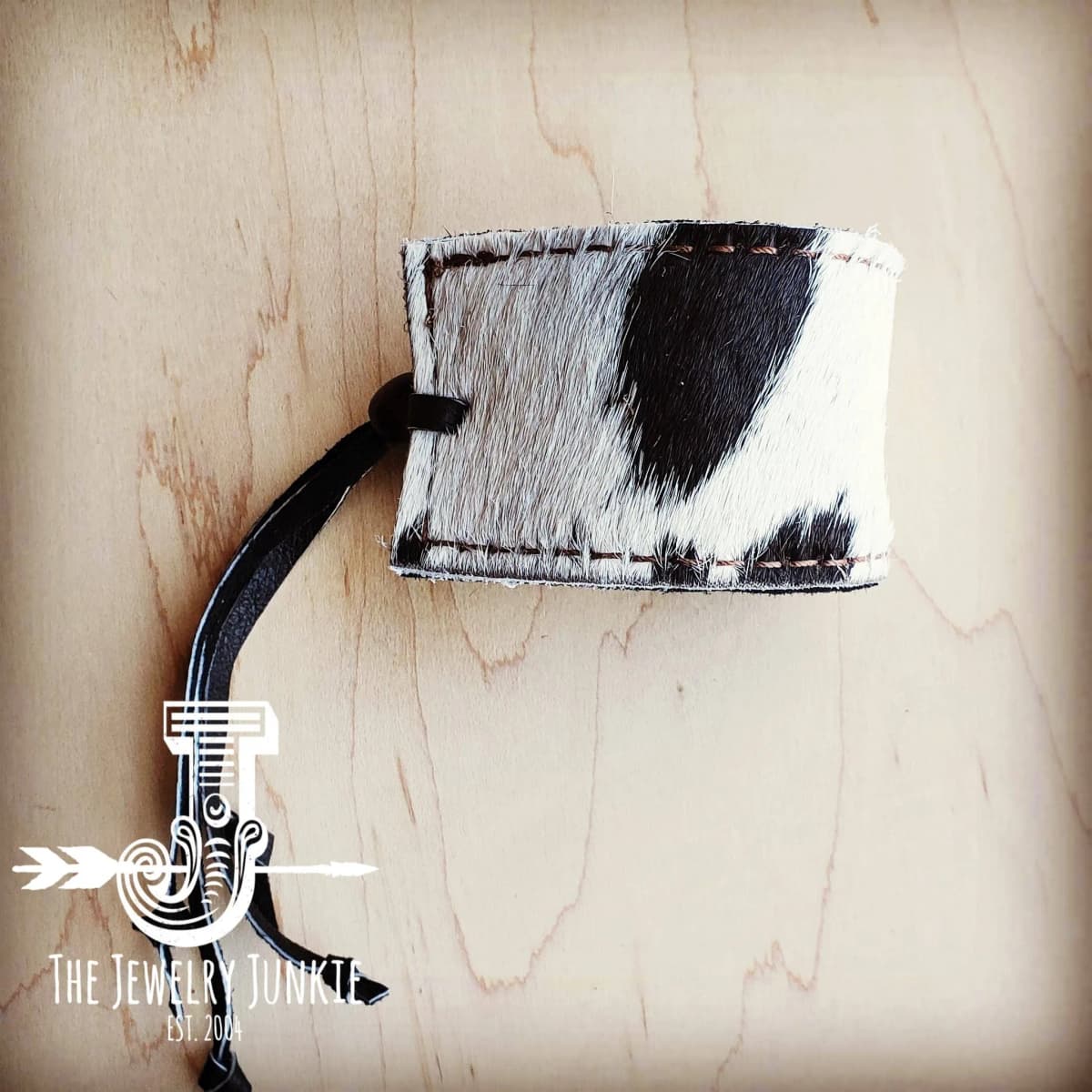 Leather Cuff with Adjustable Tie in Black with White Hair
