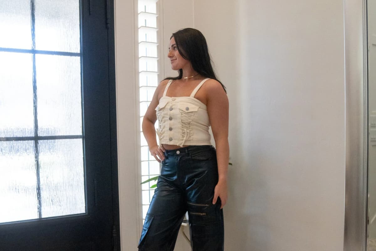 Denim Button Down Lace Up Detail Smocked Back Crop Top