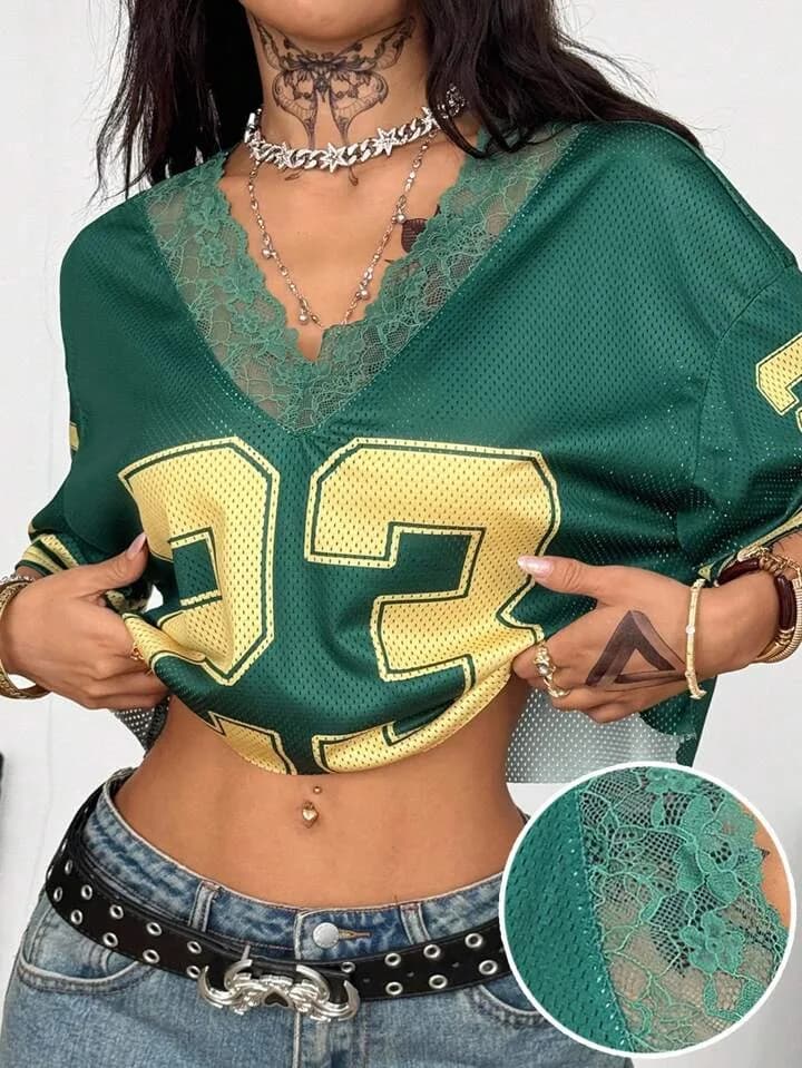 Green and Yellow Lace Trim Mesh Crop Top Jersey