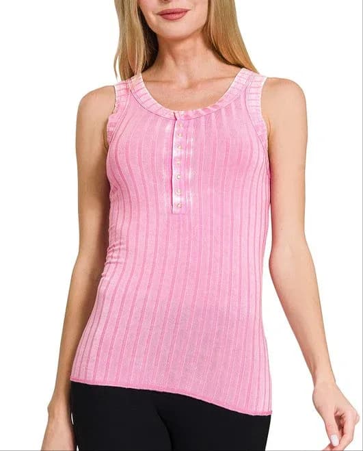 Washed Ribbed Scoop Neck Henry Tank Buttery Soft Top Zenana