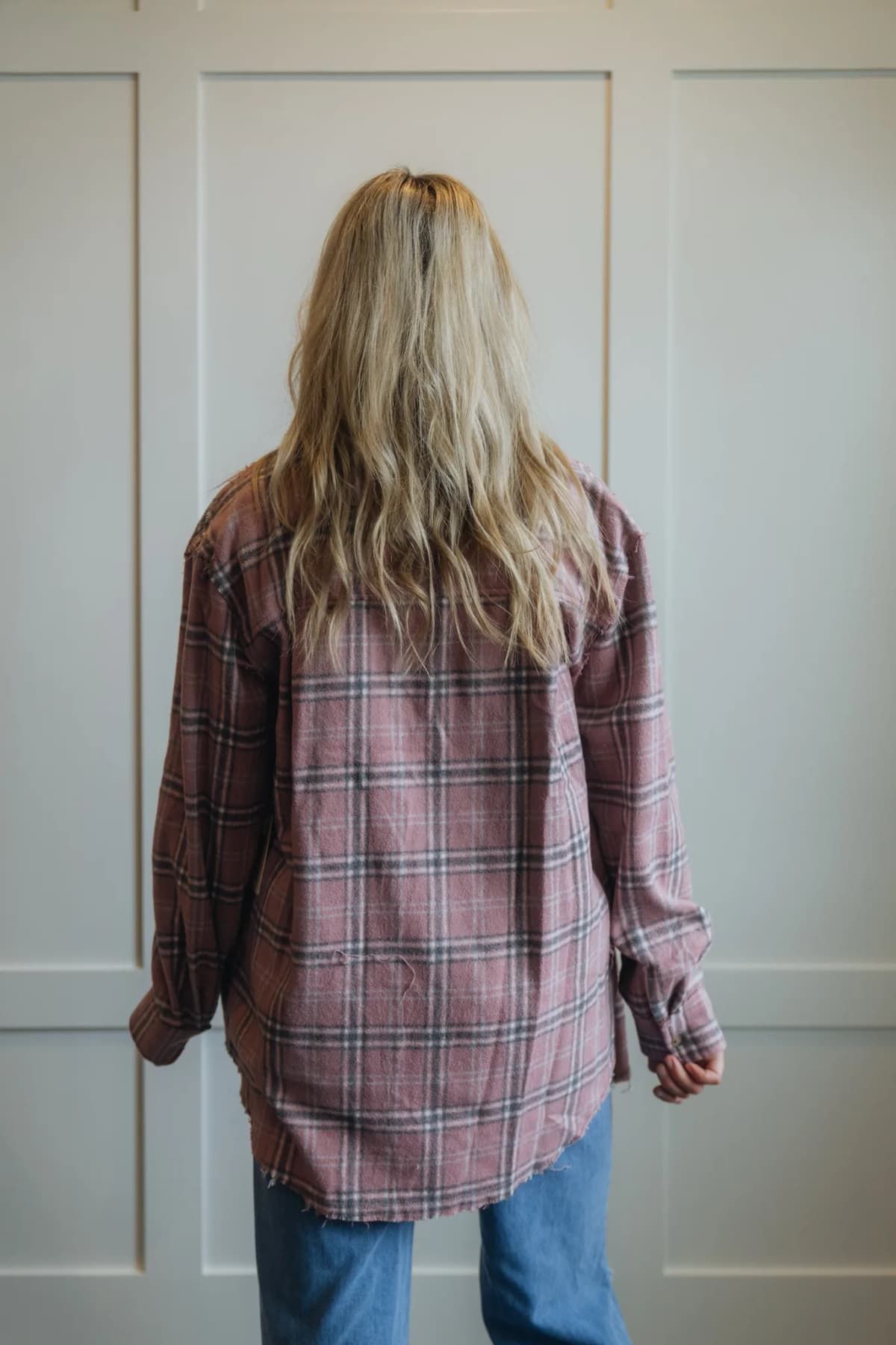 Button Down Fall Winter Plaid Shacket La Miel (Pink)