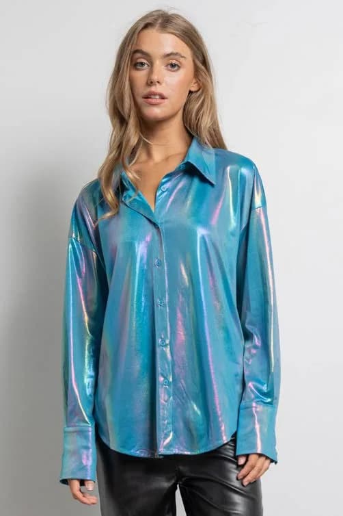 Rainbow Button Up Long Sleeve Blouse Shirt by KIWI