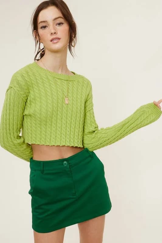 Black Crop Long Sleeve Round Neck Knit Sweater
