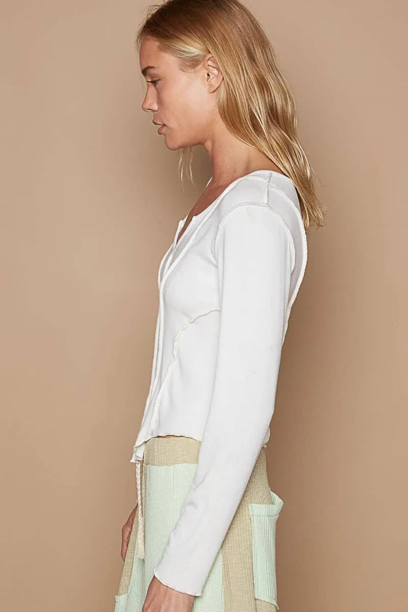 Notched Neck Detailed Long Sleeve Cropped Shirt (Black)