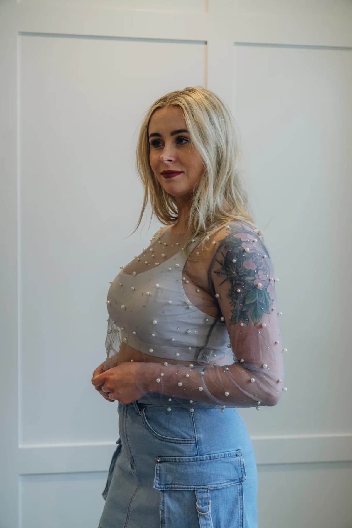 Pearl Trim Sheer Mesh Crop Top