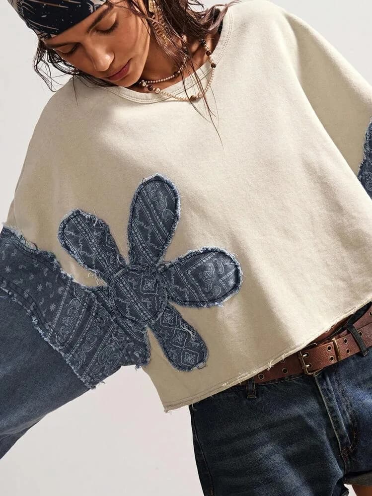 Flower Detail Sleeve Crop Shirt