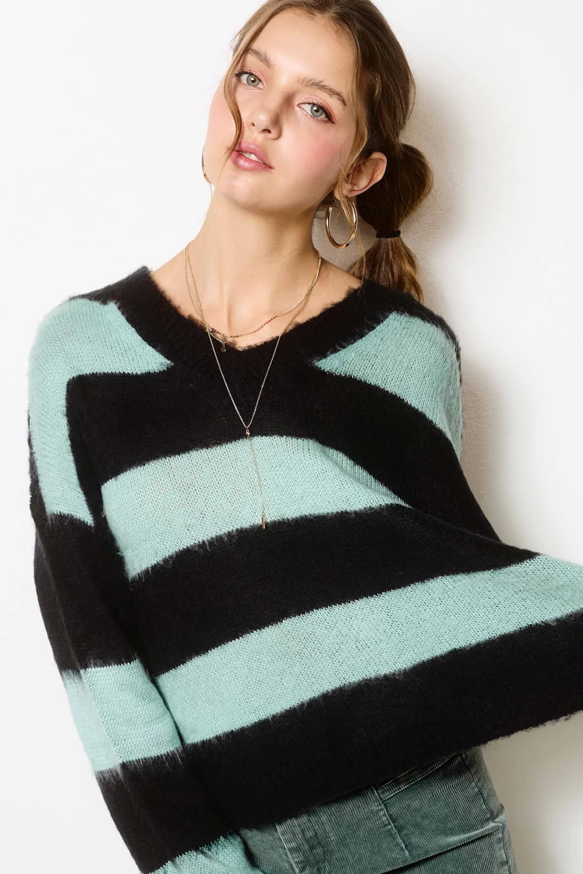 Oversized Fuzzy Soft Stripe V-neck Knit Sweater