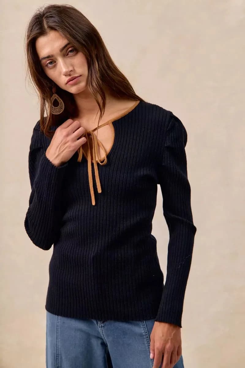 BiBi Ribbed Contrast Front Tied Top with Shried