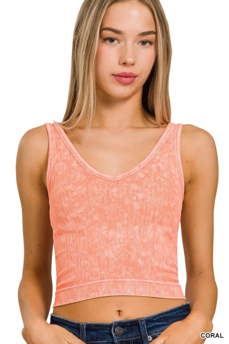 Washed Ribbed Cropped Tank Top Zenana (Coral)