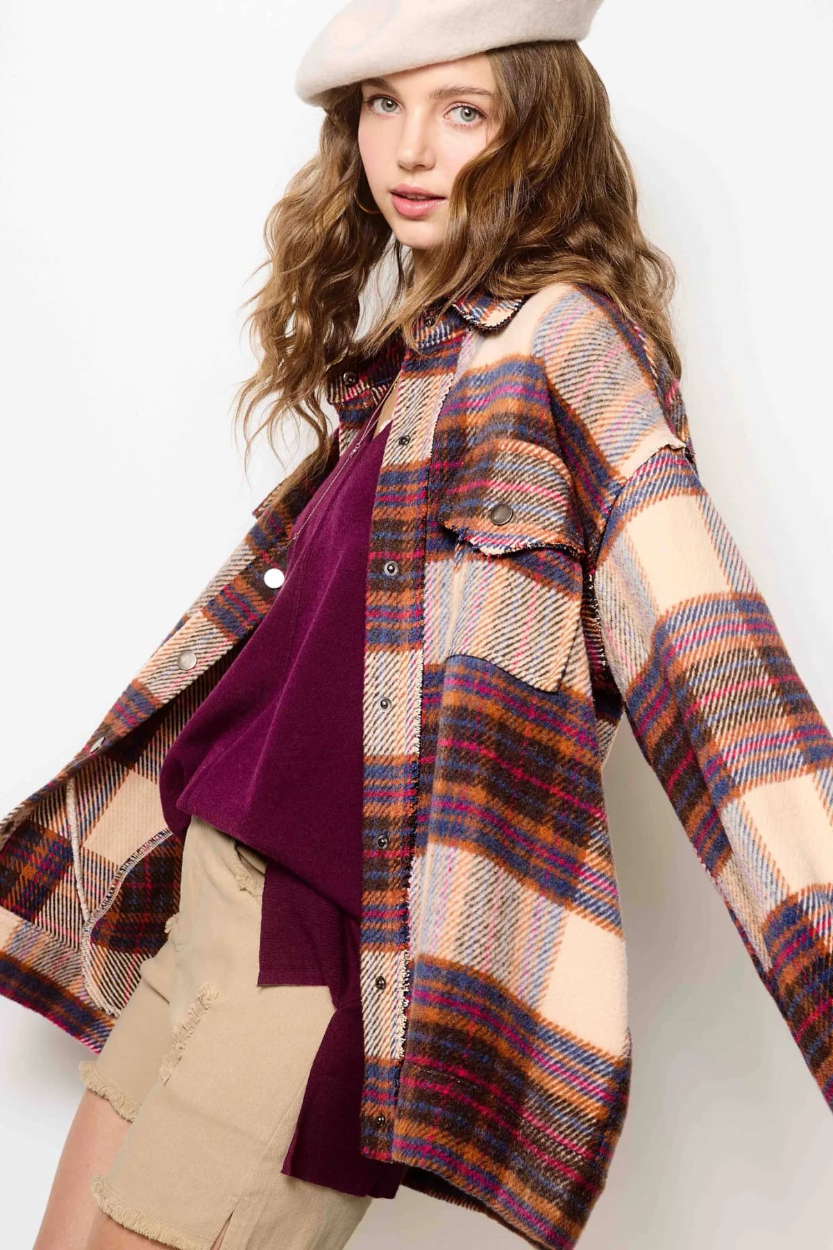 Loose Fit Plaid Button Down Shacket with Pockets