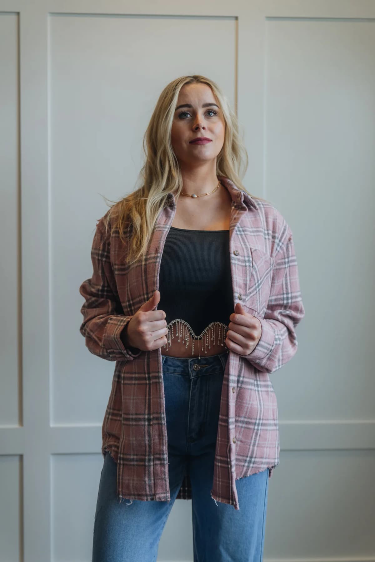 Button Down Fall Winter Plaid Shacket La Miel (Pink)