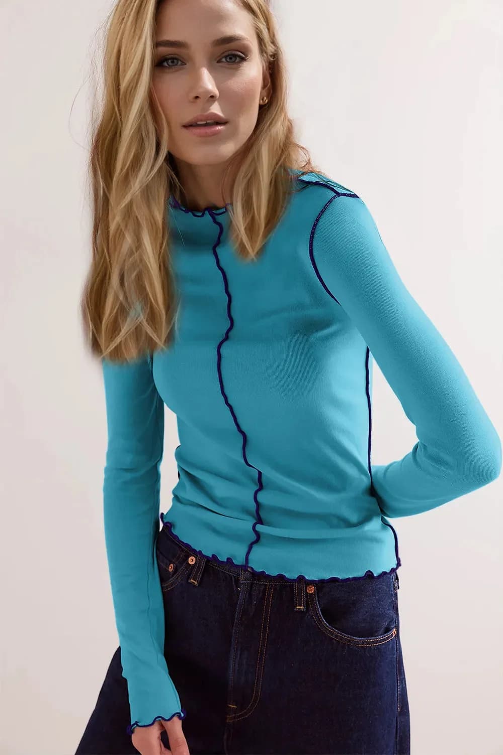 Basic Bae Contrast Trim Mock Neck Long Sleeve T-Shirt in Multiple Colors