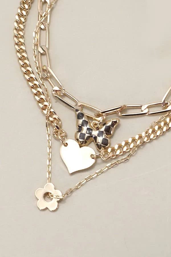 Multi Layer Checker Butterfly Heart Bracelet