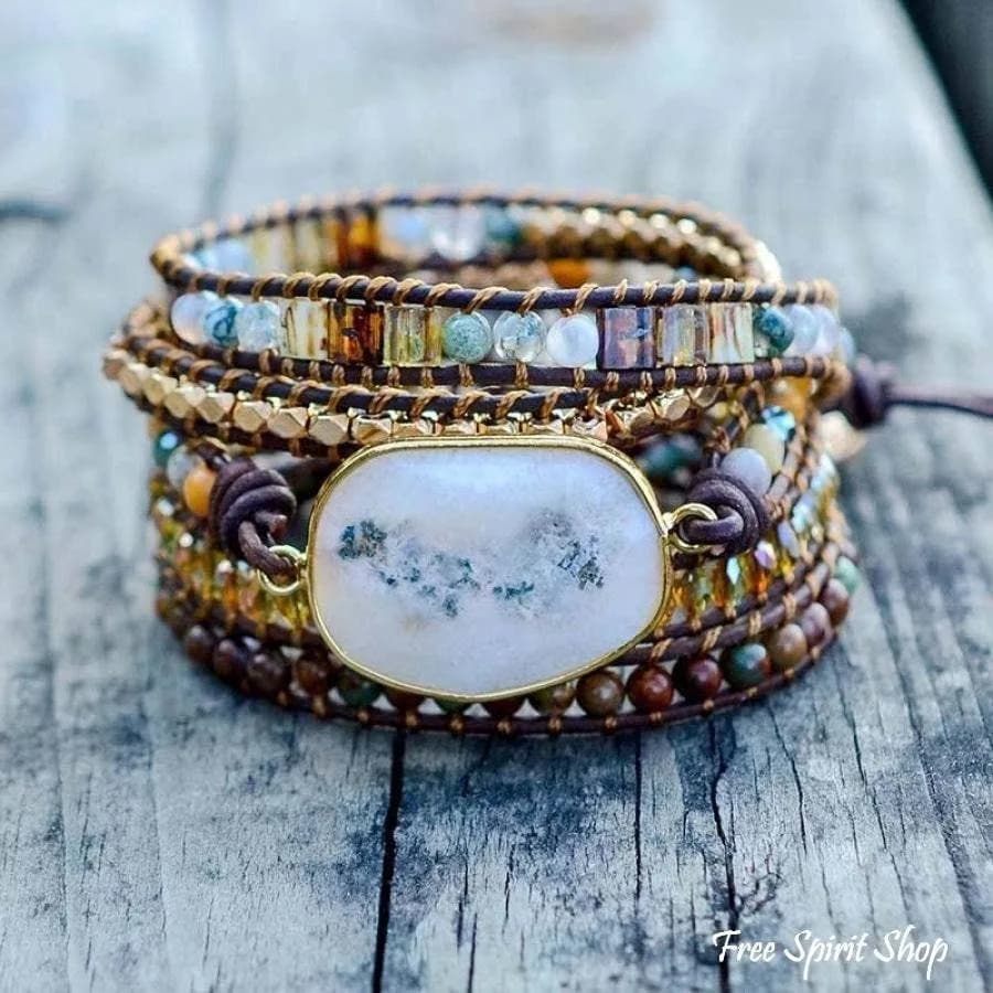 Natural Agate Moonlight & Jasper Boho Beaded Wrap Bracelet