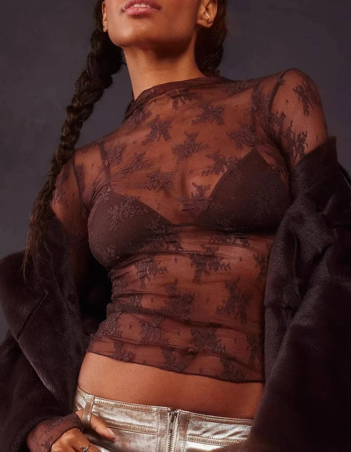 Sheer Lace Top Shirt Rosa Clothing (Brown)