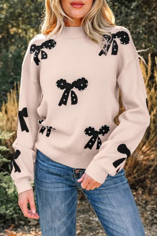Bow Pearl Embellished Drop Shoulder Sweater