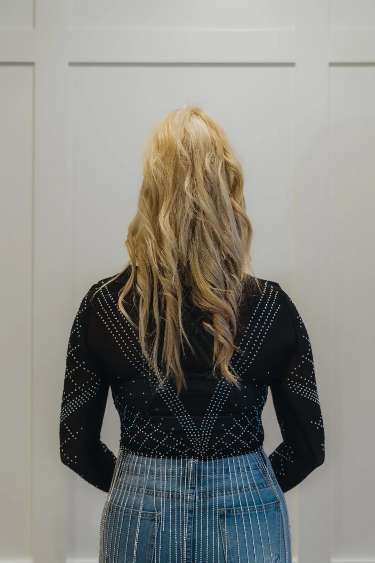 Stretch Mesh Studded Rhinestone Fringe Long Sleeve Top