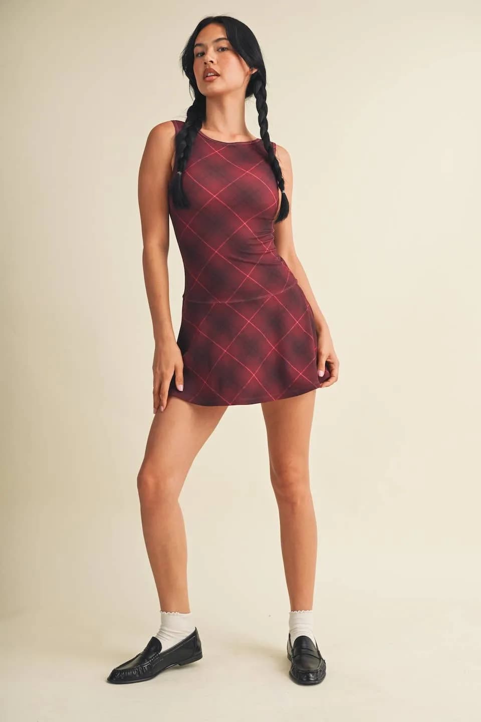 Plaid Print A-Line Mini Dress with Drop Waist by Glowie
