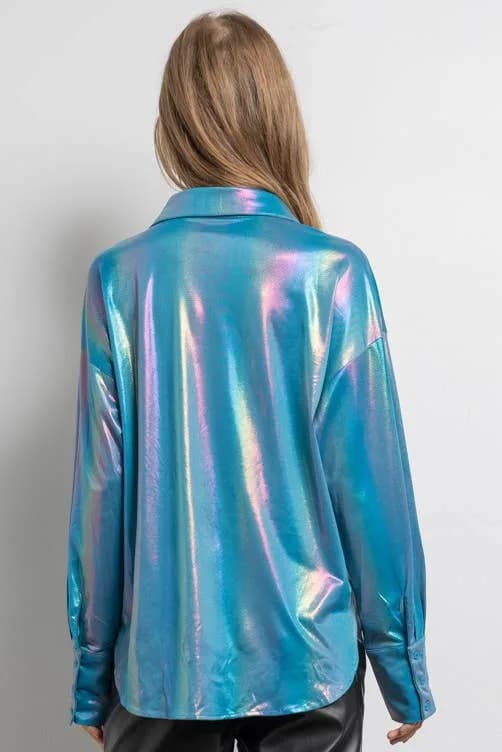 Rainbow Button Up Long Sleeve Blouse Shirt by KIWI