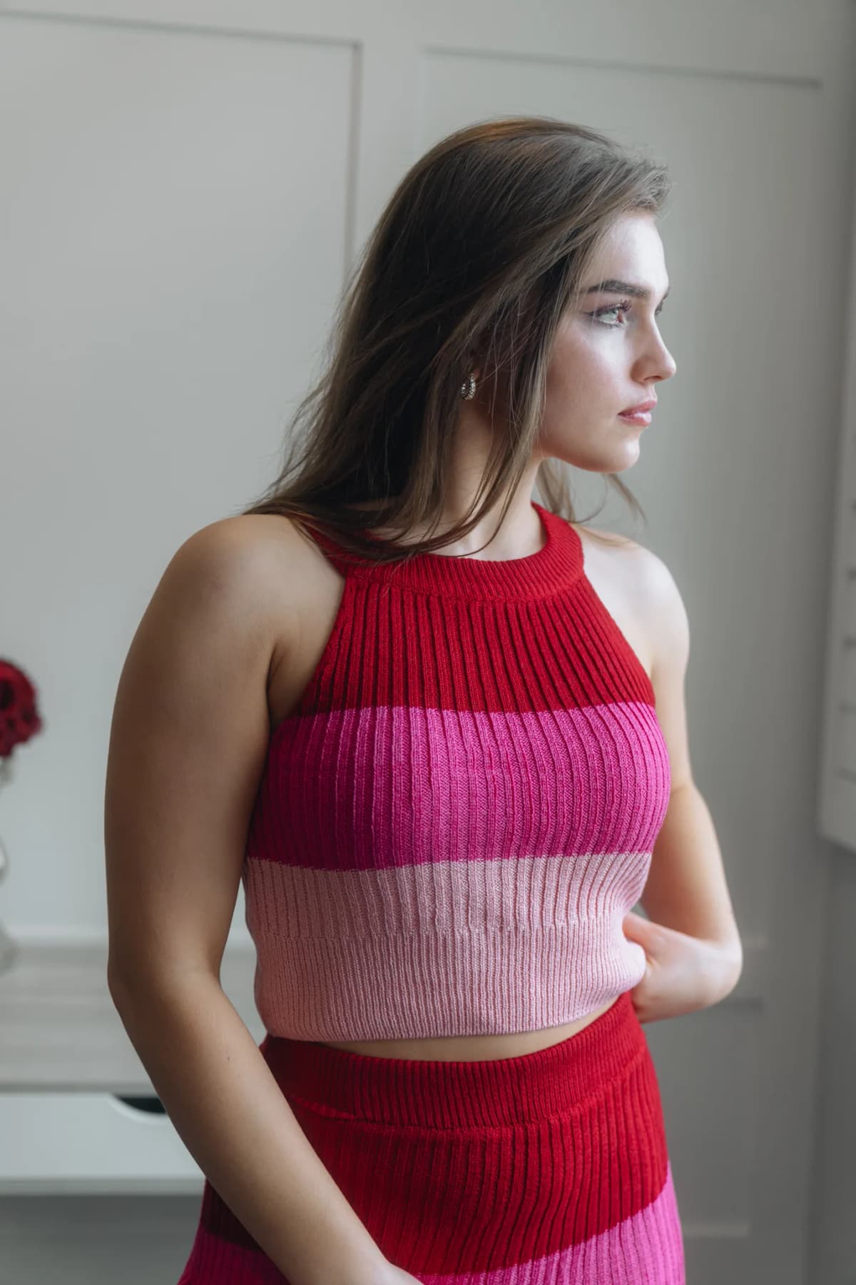 Block Halter Tank Top with Skirt Unshi (Pink)