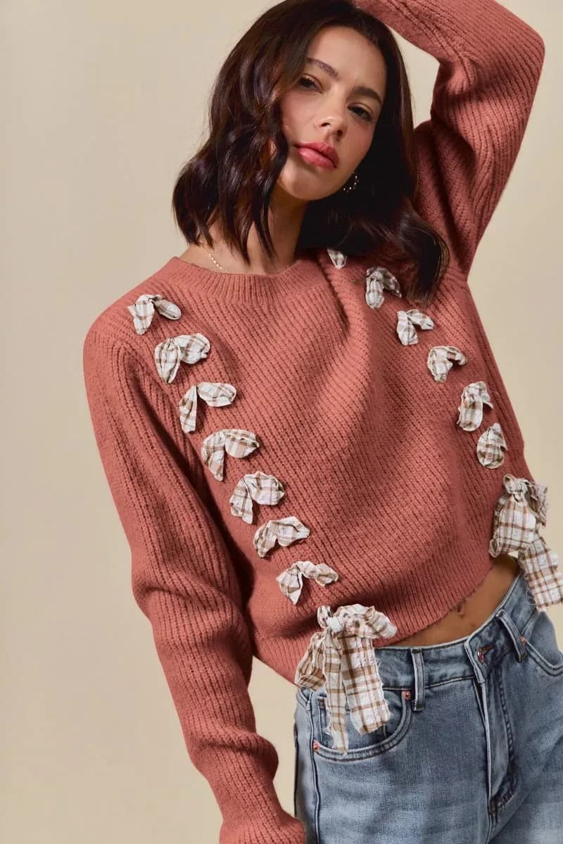 SO ME Checkered Plaid Tape Lace Up Ribbed Sweater