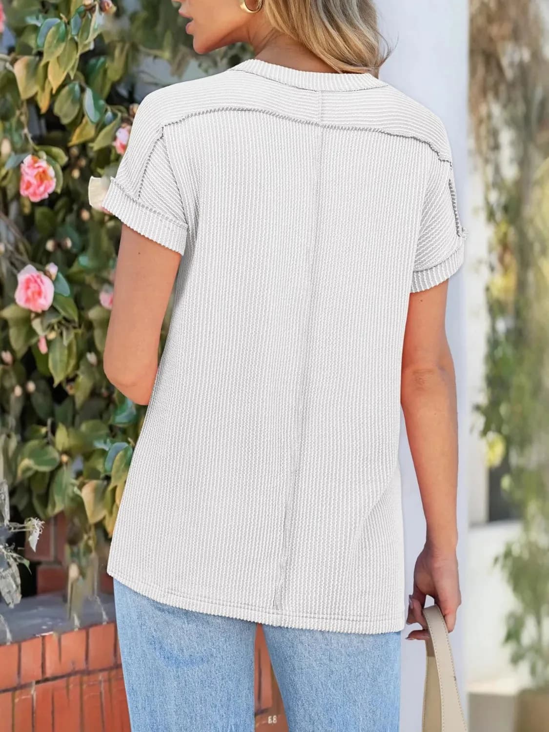 Textured Round Neck Short Sleeve T-Shirt in Multiple Colors