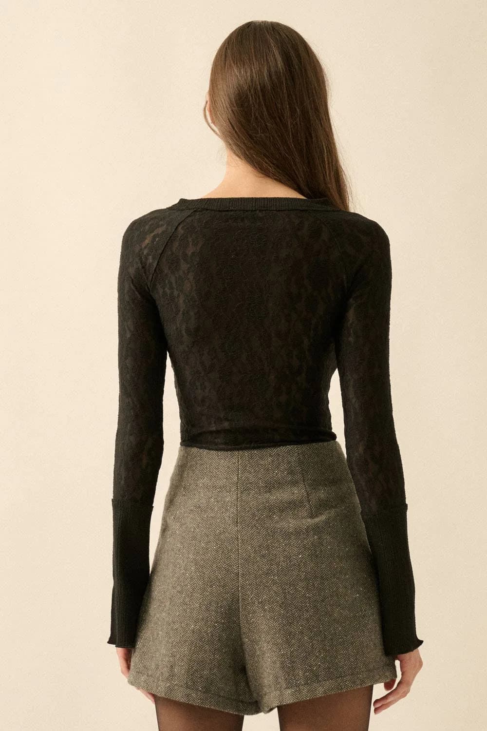 Floral Lace Raglan Sleeve Henley Top by Promesa